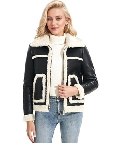 DIASHINY Women's Faux Shearing Fur Winter Coat Warm Thick Fur Lined Faux Leather Jacket (038 Black-White,XL)