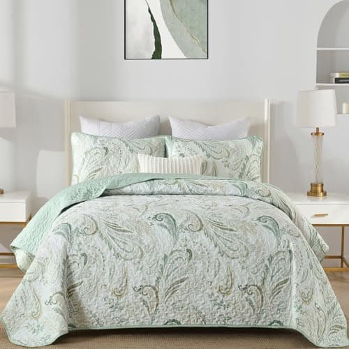 WONGS BEDDING Boho Quilt Set KingSage Green Paisley Floral Pattern Bedspread Coverlet Set with 2 PillowcasesLightweight Microfiber Bohemian Quilt Bedding Set 10490