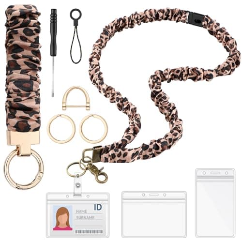 Eersida Teacher Scrunchies Lanyard with Safety Breakaway Buckle Retractable Lanyard Keychain Wristlet Office Gift for Women(Black and Gold,Leopard Style)