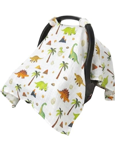 Rquite Baby Boy Car Seat Cover 100 Muslin Cotton Infant Carseat Canopy Soft Breathable Stroller Sun Shade Newborn Shower Gift Large Size Universal Fit Summer Hot Warm Weather Green Dinosaur