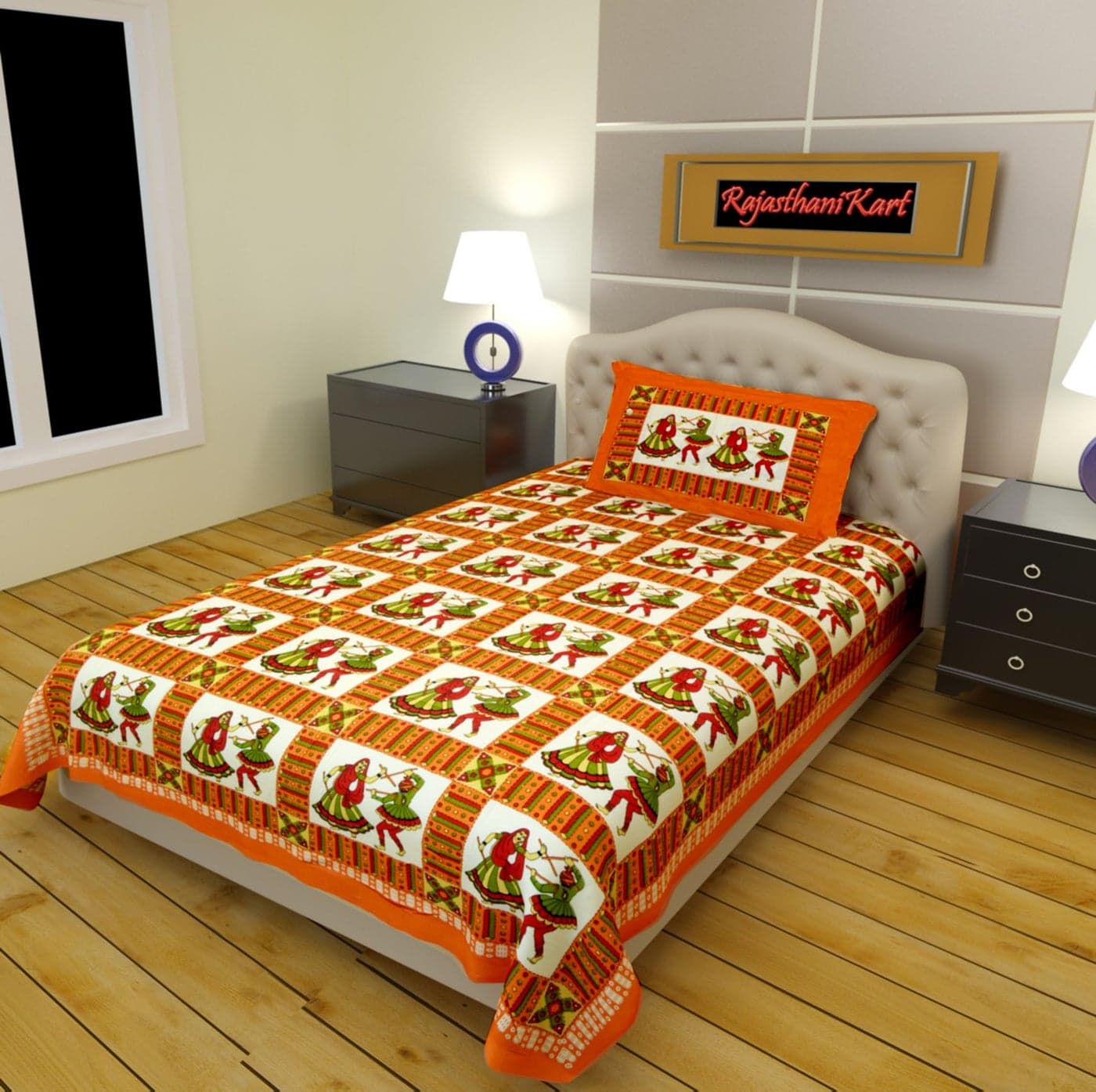RajasthaniKart Pure Cotton 144 TC Single Size Bed Sheet with 1 Pillow Cover - Bedsheet for Single Bed (Orange, Single Bedsheets Cotton,211_1)