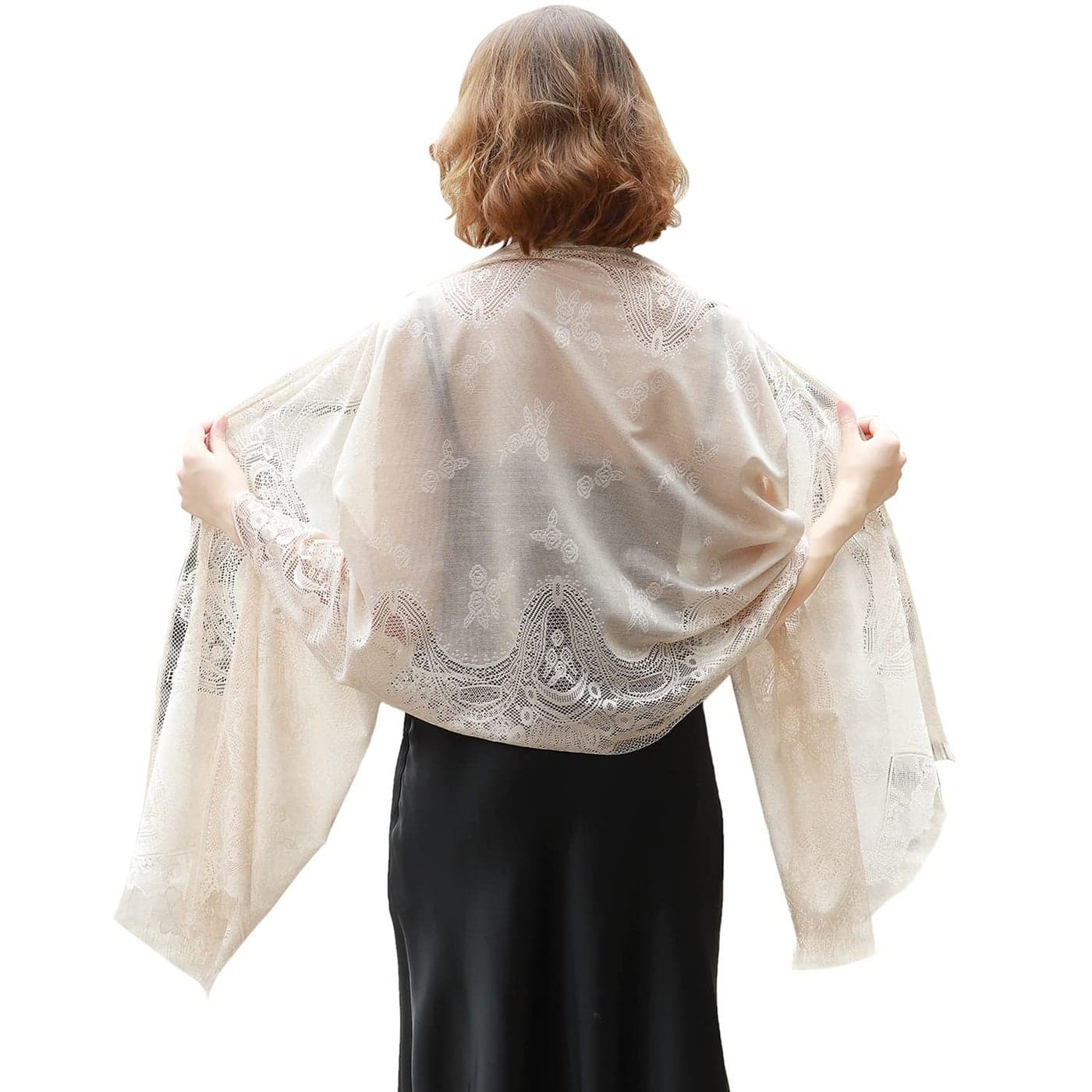 RIIQIICHY Women's Floral Lace Mesh Party Prom Wedding Shawl Scarf with Fringe