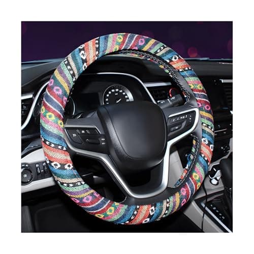 FSTURIOS Boho Steering Wheel Cover 15 Inch Coarse Flax Cloth Ethnic Style AntiSlip Car Wheel Wrap Universal Breathable Bohemian Steering Wheel Protector for Cars Vans Trucks A