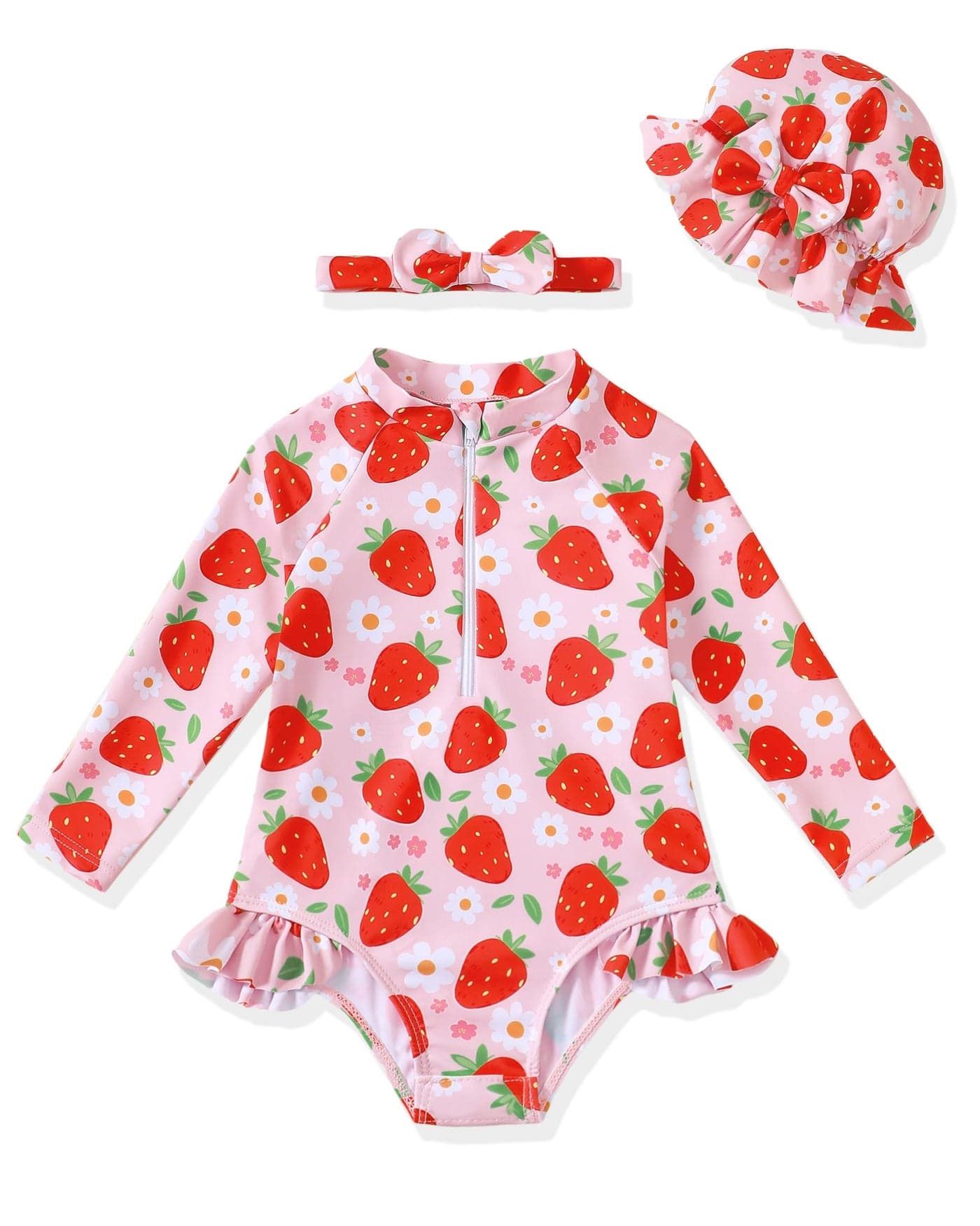 Yhnslsf Baby Girl Swimsuit 6-9 Months Infant Baby Girl Bathing Suit 9-12 Months Strawberry Pink Long Sleeve One-Piece Zipper Baby Rash Guard Ruffle Swim Suit with Hat Summer Beach Essentials Swimwear