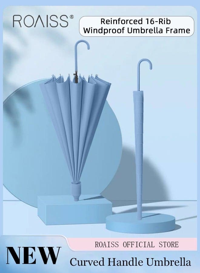 Unisex Multifunctional Automatic Long-Handled Umbrella Simple Straight Umbrella for Women and Men Enlarged Surface Three-Layer Rainproof and Windproof Curved Hook for Easy Gripping 16-Rib Design for Rain and Sun Blue