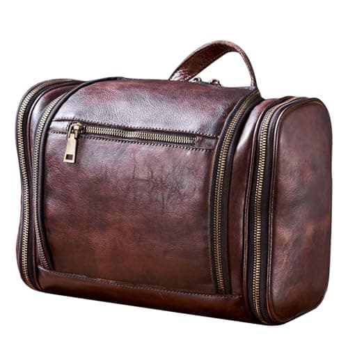 RC ROCKCOW Toiletry Bag For Men Genuine Leather Toiletries Organizer Large Travel Hanging Toiletry Bag Waterresistant Bathroom Shaving Kit for Cosmetics Makeup Case Travel Dopp Kit
