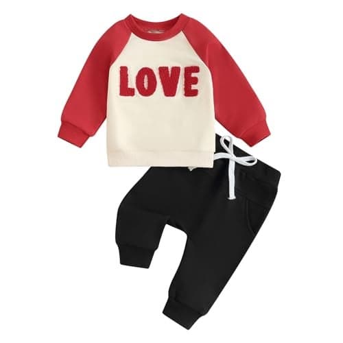 Okbabeha Baby Boy Valentines Outfit Long Sleeve Love Sweatshirt Jogger Pants 2Pcs Infant Toddler Boys Valentine Clothes (Love-Apricot, 2-3 Years)