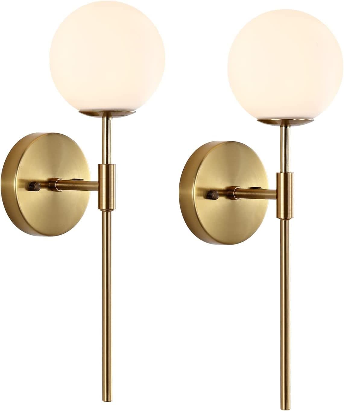 Homenique Gold Wall Sconce Set of 2 with White Globe Glass Shades Modern Mid Century Bathroom Vanity Wall Light Fixtures Industrial Brushed Brass Wall Lamp for Bedroom Mirror Living Room Restaurant