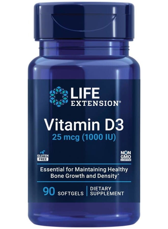 Vitamin D3 25 mcg (1000 IU), Immune System Support, Bone Health, Whole-Body Health, Value Size, Gluten-Free, Non-GMO, 90 softgels