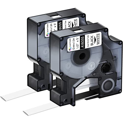 KCMYTONER 2 Pack Compatible for Dymo 18055 Heat Shrink Tubes Black on White12mm 1/2 Inch Label Tape for Wires Cables Used in Rhino Pro 3000, 4200, 5200, 5000, 6000 Industrial Label Makers