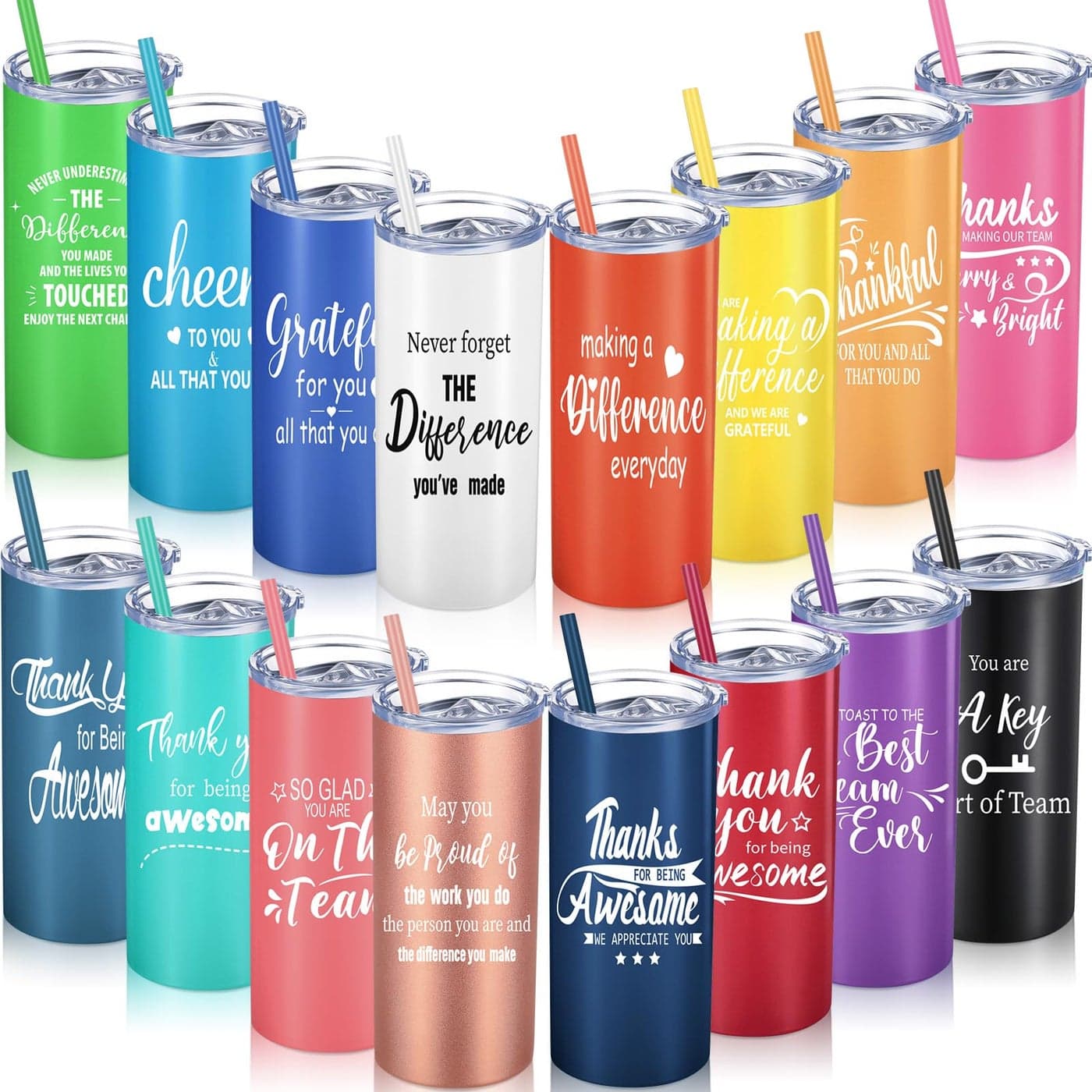 Uiifan 16 Pcs Employee Appreciation Gifts Thank You Tumbler for Coworker 16 oz Stainless Steel Insulated Tumbler with Straw Travel Cup Gifts for Teacher Staff Team Classic Color