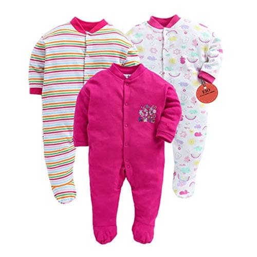 EIO® 100% Cotton Rompers Sleepsuits Jumpsuit Night Suits for Infants Newborn Baby Boys & Girls Pack of 3 (0-3 Months, Yellow) (12-18 Months, Dark Pink)