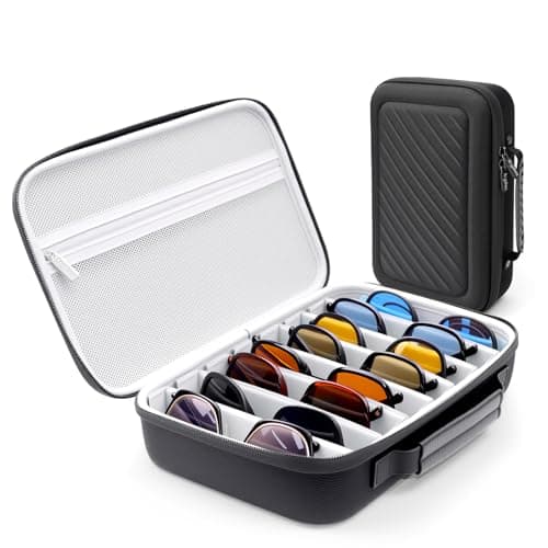 Krypthos Travel Sunglasses Organizer Case, Portable Eyeglasses Storage Box, Adjustable Multi-Compartments & Crushproof Design, Holds Up to 8 Pairs, Eyewear Display Case for Men Women