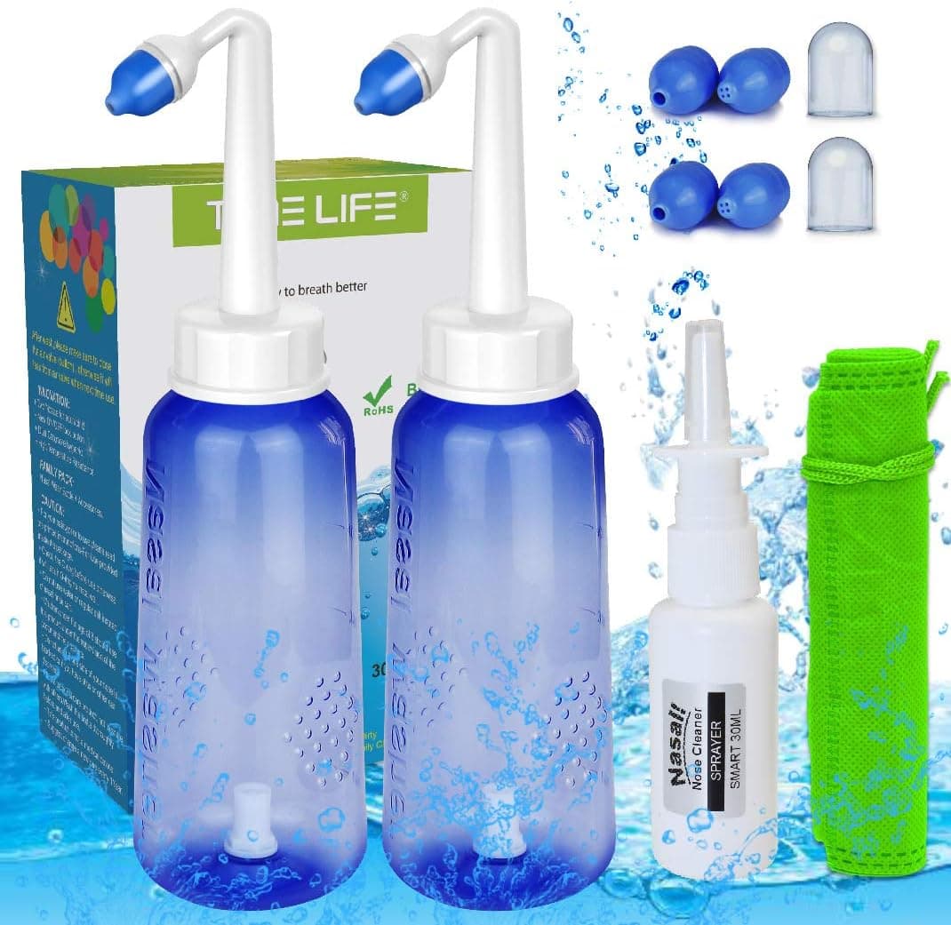 2PCS-PACK Sinus Rinse Bottle with 4 Sprayer + 1 Moisturizing Nasal Pump Sprays - 300ml 10oz Nasal Irrigation - Nasal Rinse Kit - Nose Cleaner - Yoga Neti Pot - for Adult and Child Nose Wash Clean