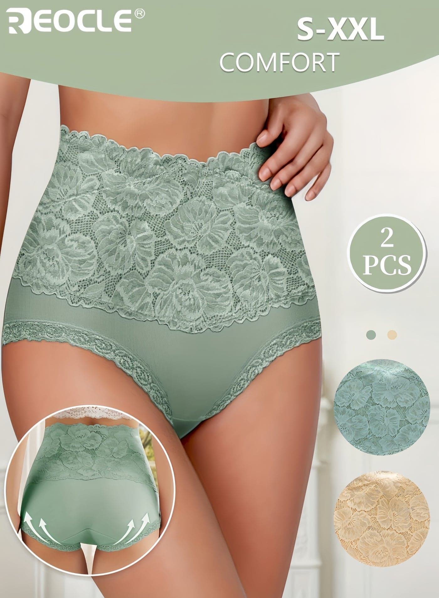2PCS Women's High Waisted Tummy Control Cotton Briefs with Antibacterial Soft Lace Trim Butt Lifting and Shaping Elegant Lace Underwear for Everyday Comfort