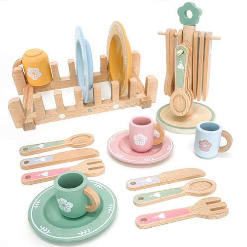 Masonbaby Wooden Play Kitchen Accessories Toys for Toddlers 3 22 PCS Kids Play Kitchen with Cute Cutlery RackDish RackPlay Dishes for Kids KitchenMontessori Pretend Birthday Gifts for Girls Boys