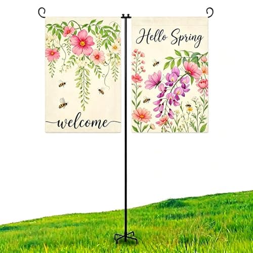 ESTTOP Heavy Duty Garden Flag Holder Stand Metal Iron Stand with 5 Prong Base for Double Flags Suitable for Outside or Garden Patio Yard Decor