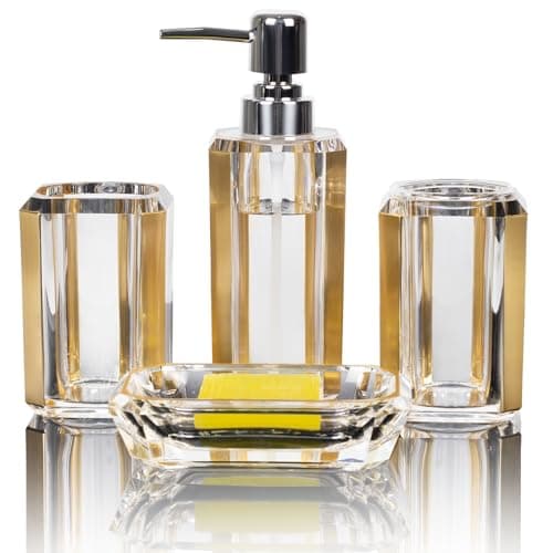 4 Piece Premium Acrylic Bathroom Accessory Set, Hand Sanitizer Bottle, Lotion Can Bathroom Suit, Separate Bottle Soap Box, Mouthwash Cup, Toothbrush Cup(Brushed Gold)
