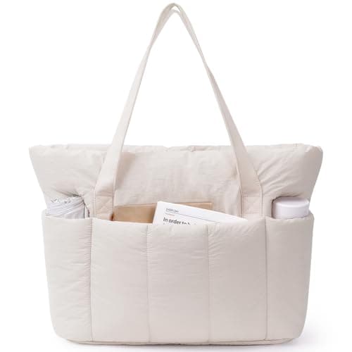 Narwey Puffer Tote Bag for Women Work with 15.6" Laptop Compartment, Puffy Quilted Travel Tote Bags with Luggage Sleeve for Carry on, Gym, Teacher, Nurse (Beige, Large)