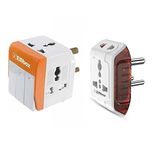 EMBOX 3 Pin Multi Plug Socket and 2-Pin&3-Pin Plug with Individual Switch Safety Shutter LED Indicator-Multi Plug Adapter Combo for Home Office Travel-5A-250V (Pack of 2)