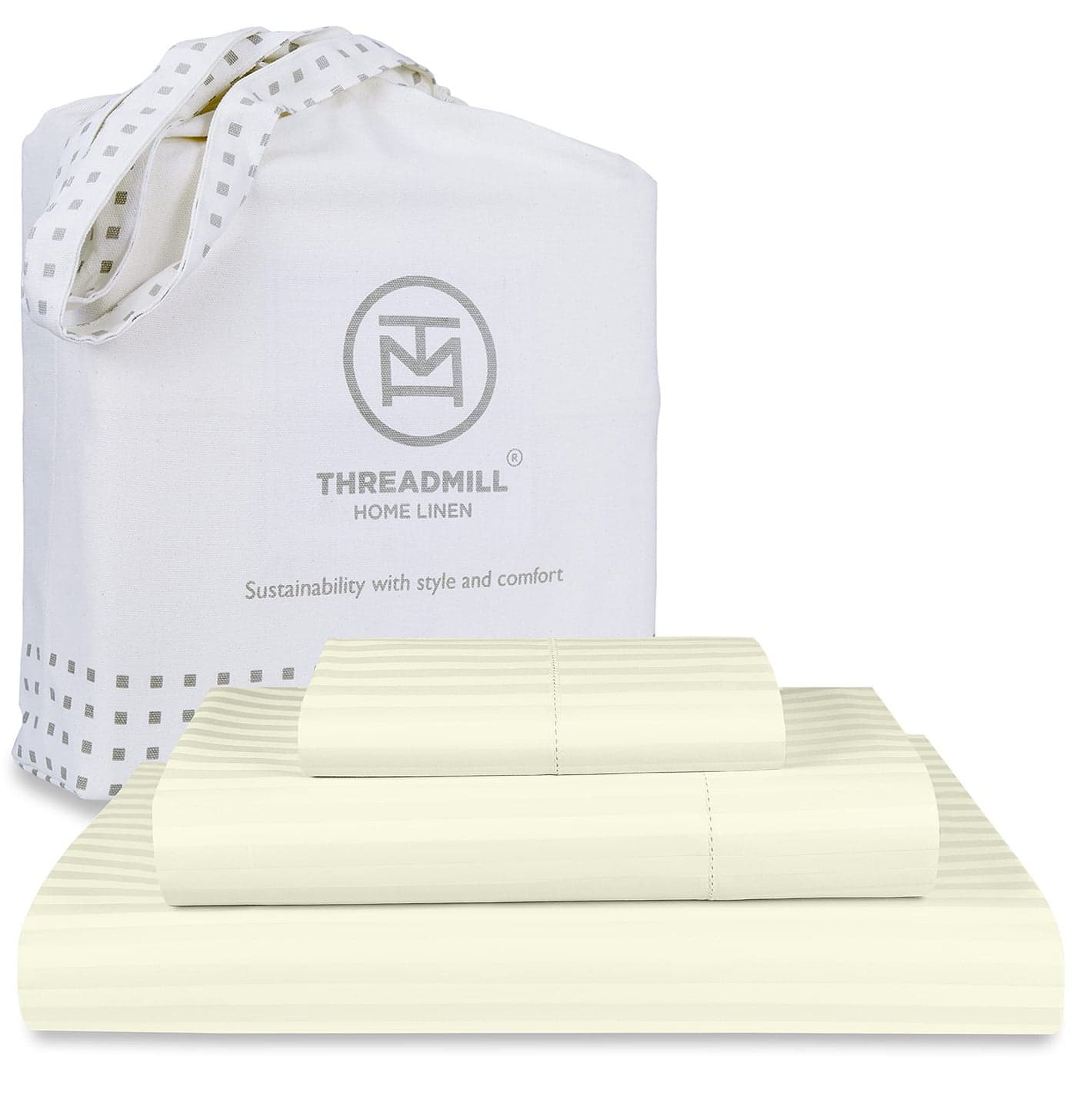 Threadmill 100 Cotton Sheets for Full Size Bed 600 Thread Count Full Bed Sheets Set with 16 Deep Pocket Damask Stripe Sateen Weave 4Piece Bedding Set with Cooling Effect Ivory