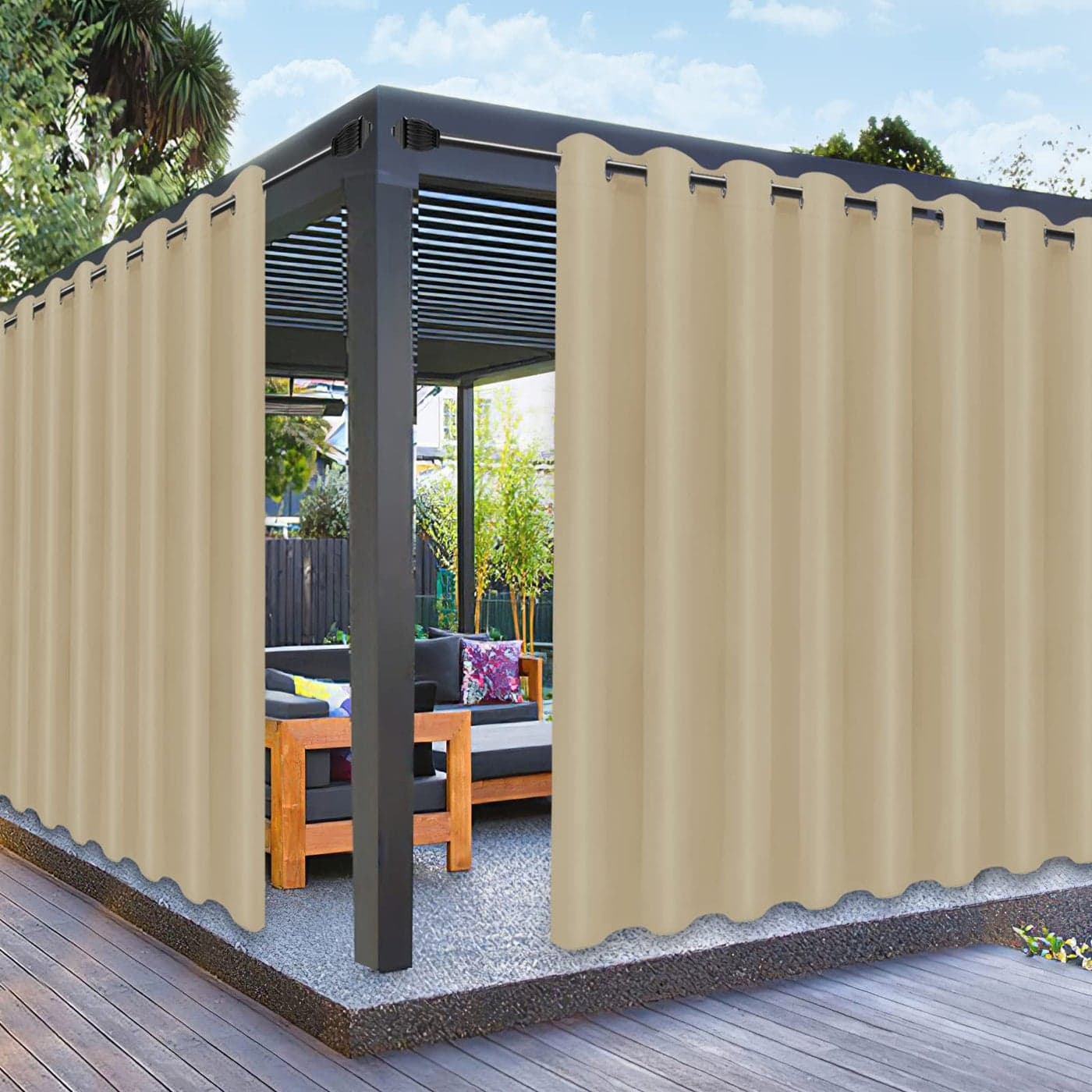 PureFit Outdoor Curtains for Patio Waterproof Weatherproof UV and Fade Resistant Outside Curtains for Gazebo Front Porch Pergola Sun Blocking Privacy Curtain 120W x 95L inch 1 Panel Beige