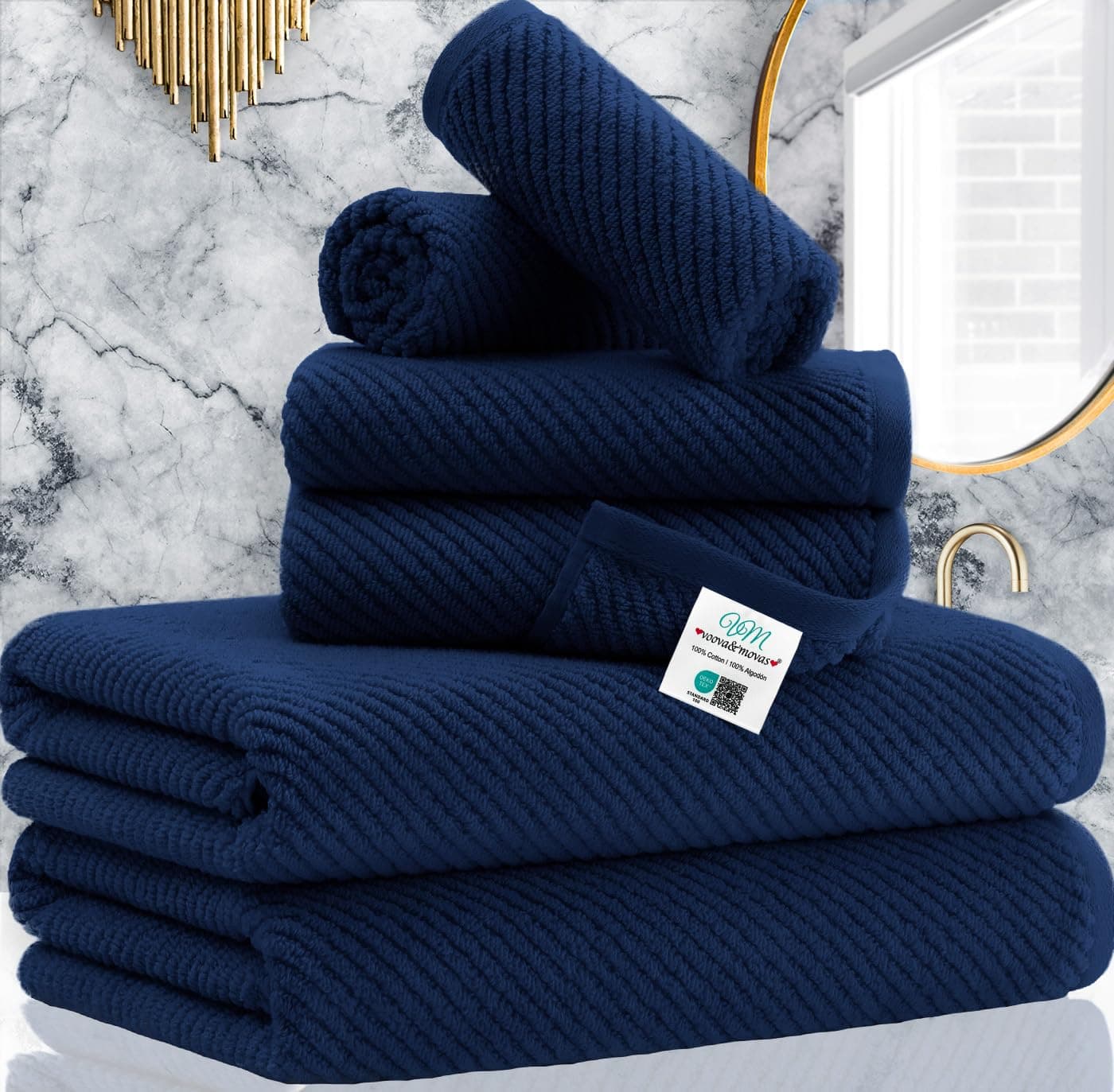 VOOVA MOVAS Bath Towels 100 Cotton Quick Dry Light Weight Thick Soft Towel Set of 6 2 Large Bath 30x56 2 Hand 18x28 2 Washcloths 13x13 Quick Dry Towel for Shower Navy Blue