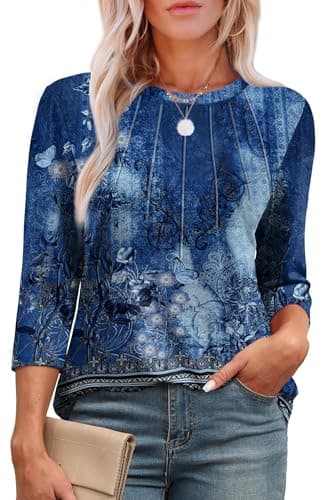XIEERDUO 3/4 Length Sleeve Womens Tops 2025 Trendy Pleated Tunic Tops for Women Loose Fit Dressy Blue Printed L