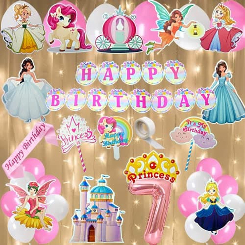 FI - FLICK IN 50 pcs Happy 7th Birthday Decoration Kit for Girls Car Castle Cutouts Princess Sash Led Light Princess Birthday Decoration Number 7 Foil Balloon (Pack of 50, Pink)