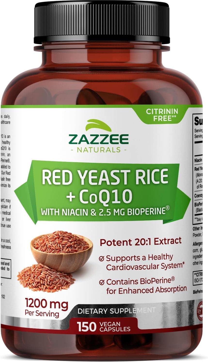 Zazzee Red Yeast Rice 1200 mg with CoQ10, 150 Vegan Capsules, Extra Strength 20:1 Extract, Citrinin Free, Supports Cardiovascular and Blood Circulation Health, All-Natural, Non-GMO, Made in The USA