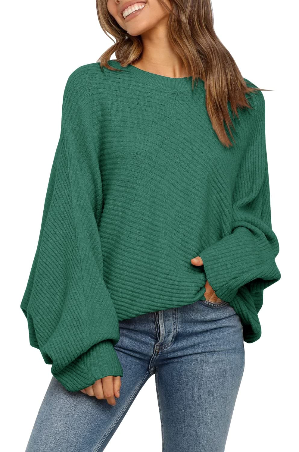 Mafulus Women's Oversized Crewneck Sweater Batwing Puff Long Sleeve Cable Slouchy Pullover Jumper Tops