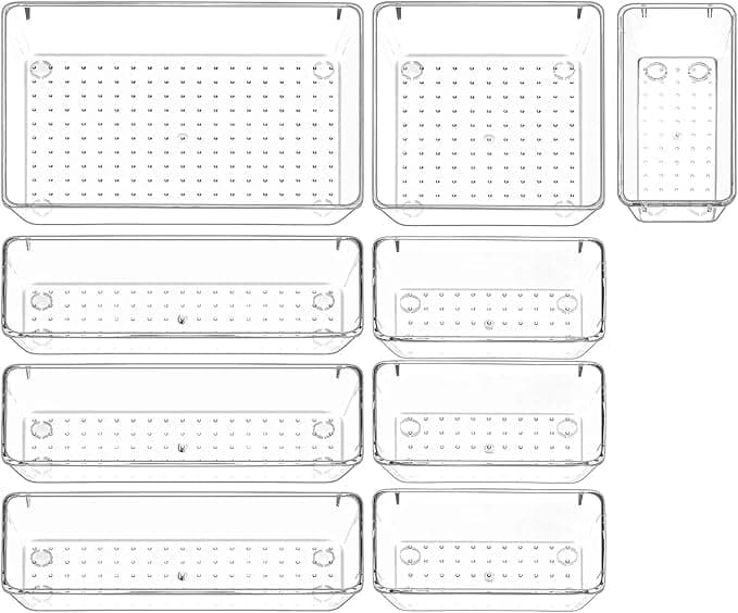 LIJIE Desk Drawer Organizer Set 9Piece Storage Bins 4 Sizes for Bathroom Vanity Kitchen Office Drawer Tray Storage Bins For Makeup Cosmetics