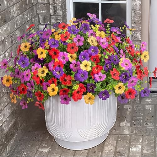 Ammyoo Artificial Flowers for Outdoors Potted Spring Decor 12 Bundles Fake Summer Daisy with Realistic Eucalyptus Leaves Faux Plants for Greenery Boxwood Porch Patio Garden Pot Lawn