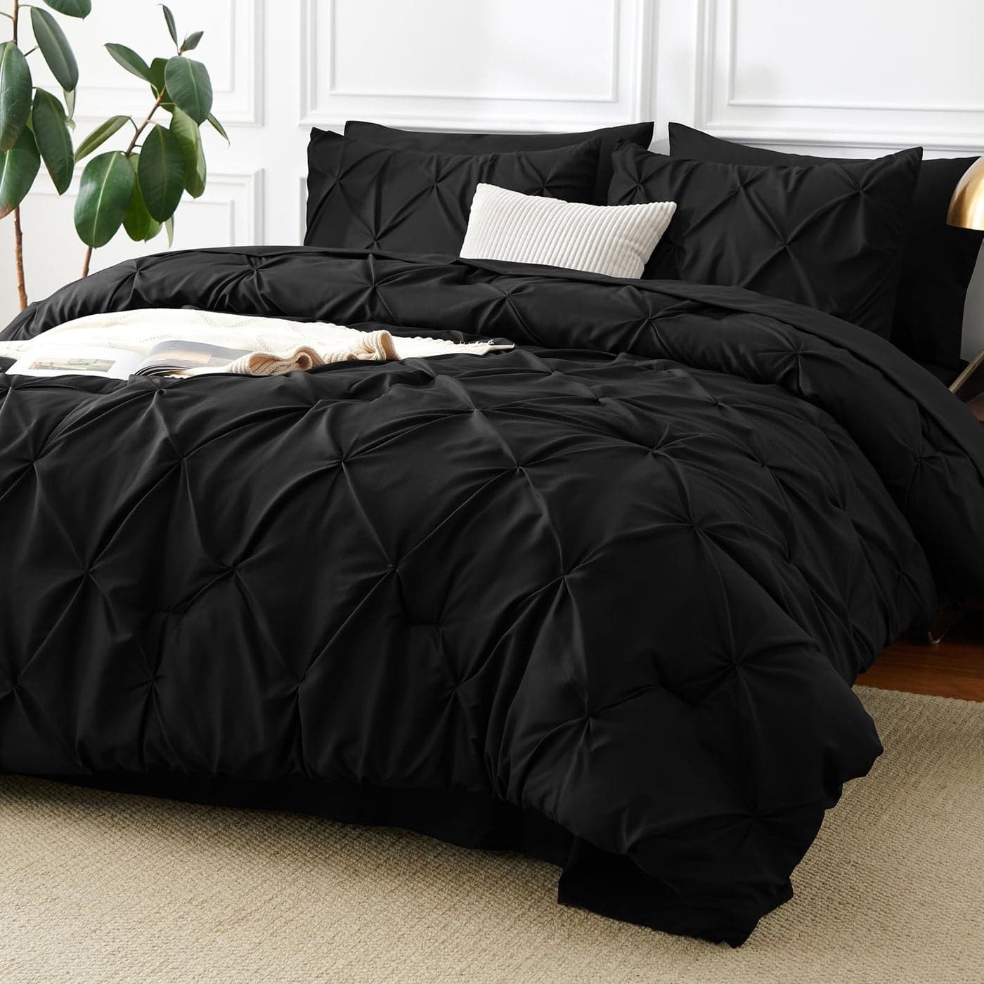 CozyLux Queen Comforter Set Black 7 Pieces Pintuck Bed in A Bag Premium Black Comforter Queen Size Pinch Pleat Bedding Sets with Comforter Sheets Pillowcases Shams