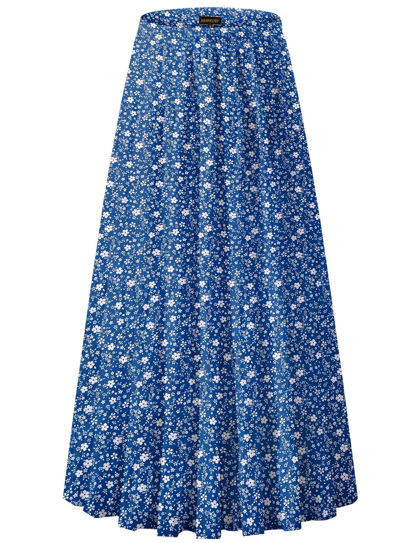 NASHALYLY Women's Chiffon Elastic High Waist Pleated A-Line Flared Maxi Skirts(Flower-187,S)