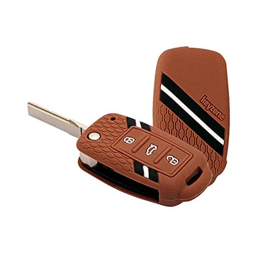 Keyzone® Striped Silicone Key Cover Compatible for Polo, Vento, Jetta, Ameo 3 Button Flip Key (Brown)