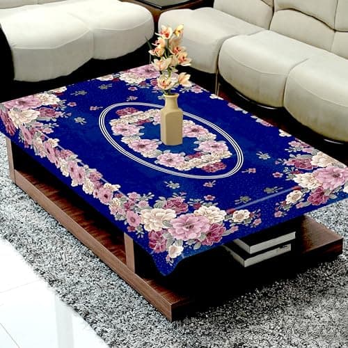 KANUSHI Industries® 100% Waterpoof & Dustproof Plastic Center Table Cover for 4 Seater(40 * 60-inch)(T-Cover-Printed-Flower-Blue)