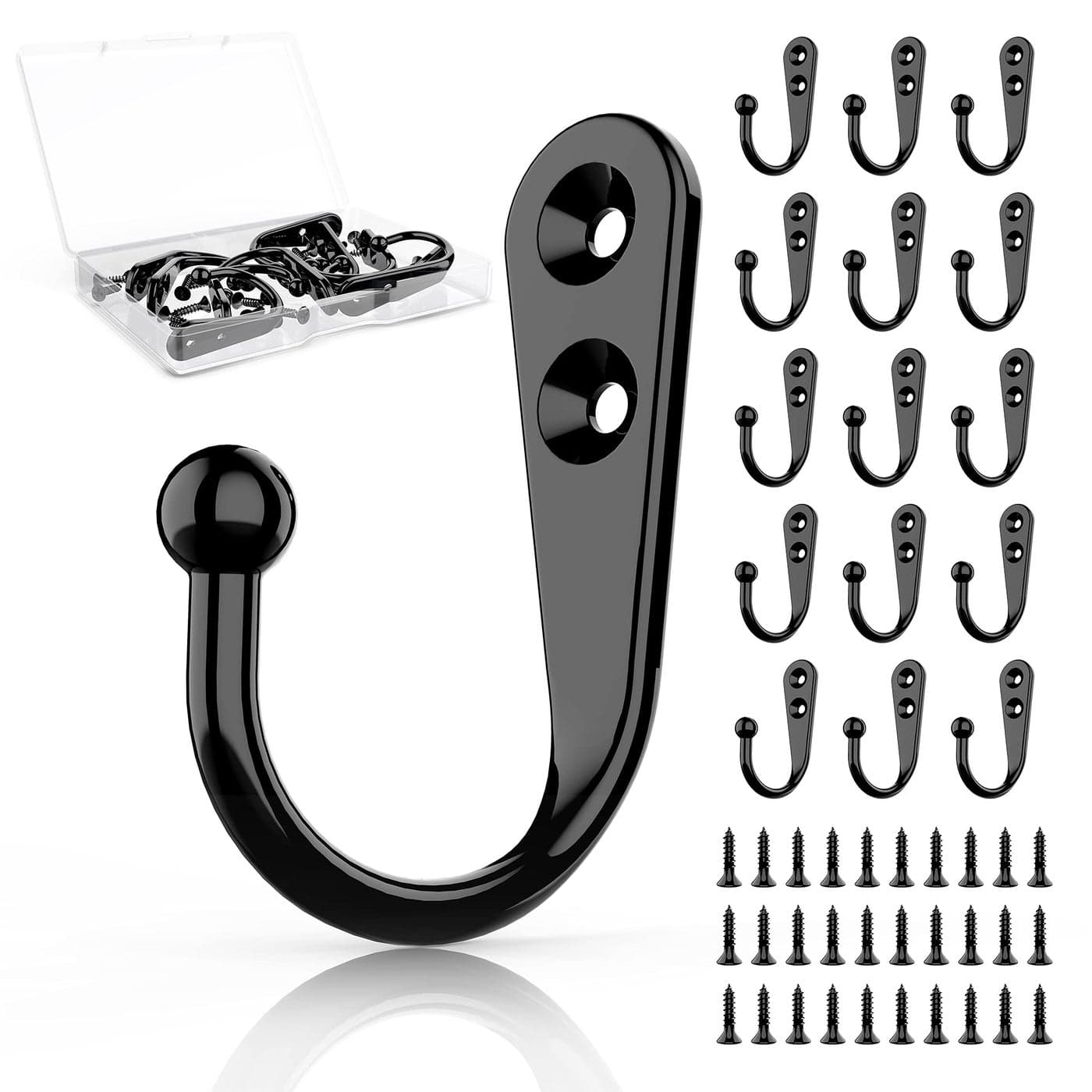 ZAYBOD 15Pcs Black Wall Mounted Coat Hooks Hanger Hook with 30 Pieces Screws for Hanging Hat Towel Key Robe Coats Scarf Bag Cap Coffee Cup Mugs