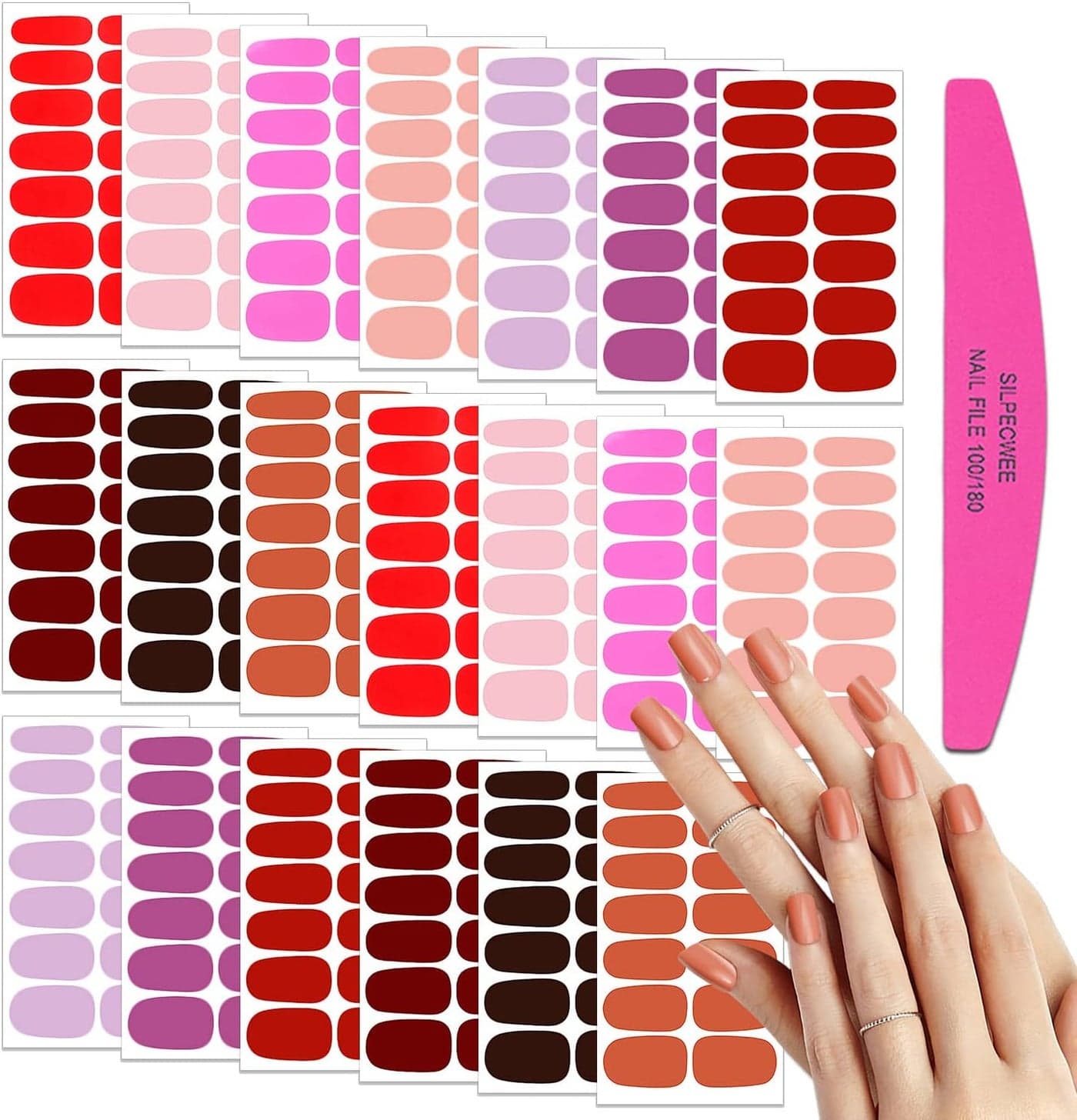 SILPECWEE Red Pink Nail Wraps for Women Solid Color Nail Polish Strips Self Adhesive Nail Sticker Polish Gel Nail Strips Fingernails Decoration with 1pc Nail File (20 Sheets)