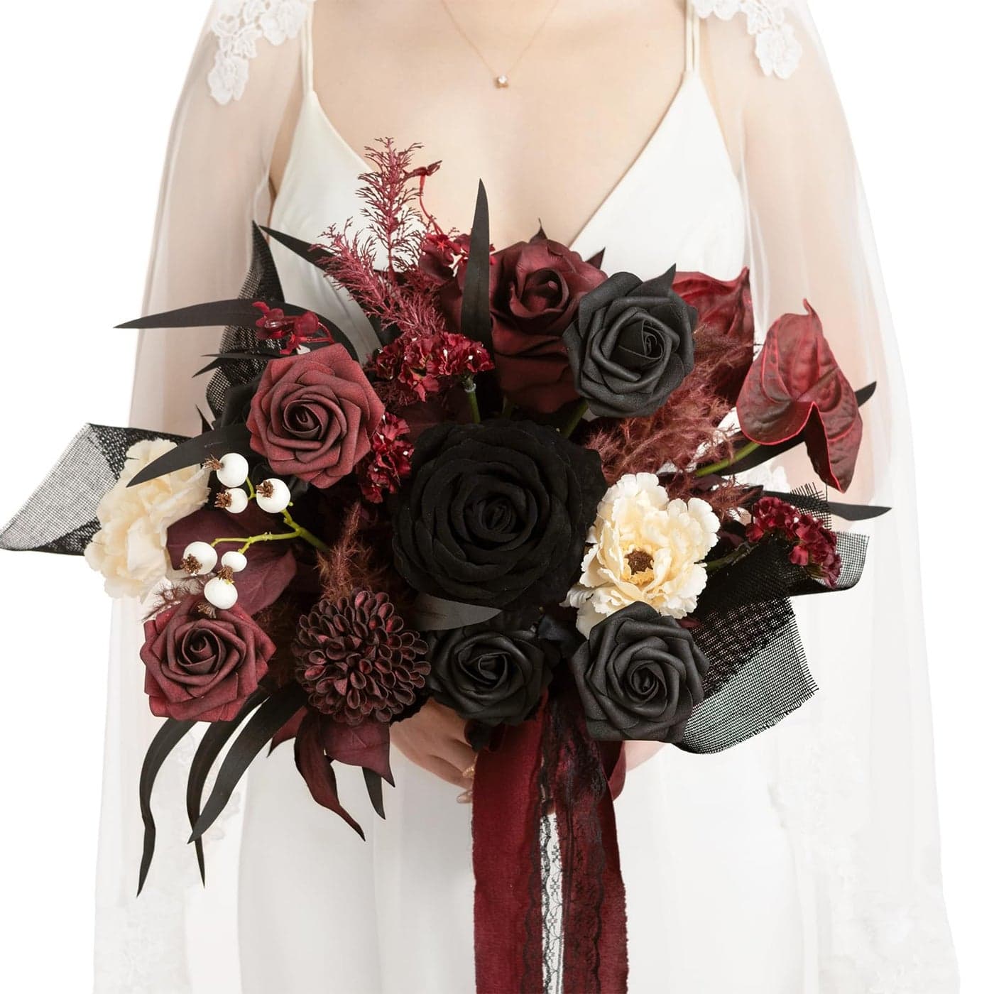 Lings Moment Black and Burgundy Wedding Bouquets for Bride Gothic Bridal Bouquets for Bride 13 Inch Free Form Artificial Wedding Flower Bouquet