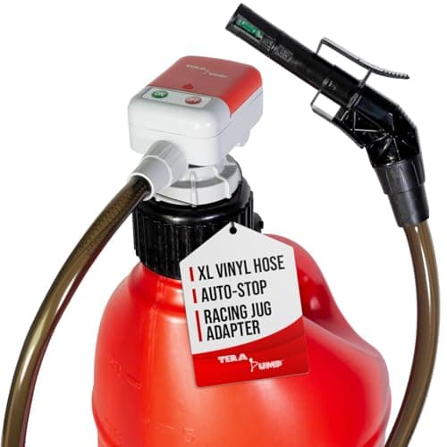 TERA PUMP Next Generation RainResistant Gas Fuel Pump 425ft Long Vinyl Hose BatteryPowered Electric Siphon Pump with Auto Stop System for Fuel Cells Tractors Generators and Snow Blowers