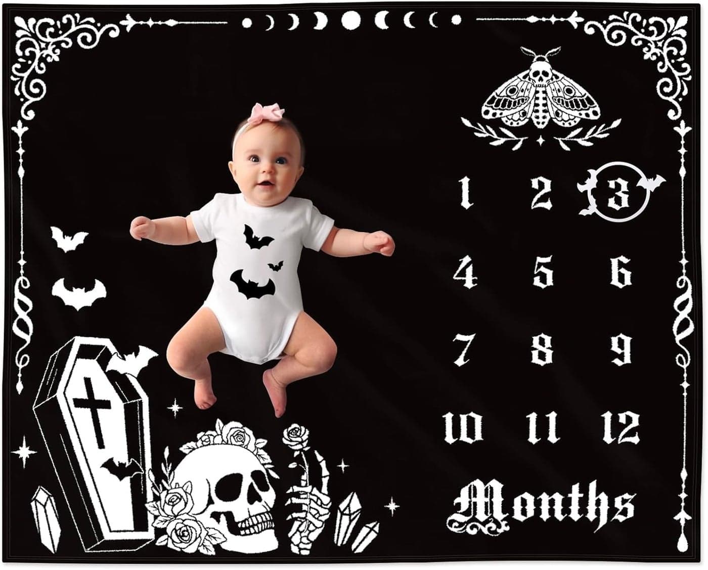 Gothic Baby Monthly Milestone Blanket Goth Girl Boy Baby Shower Growth Chart Photo Prop Stuff Background for Newborn Mom Moth Nursery Bat Halloween Decorations 40 X 50