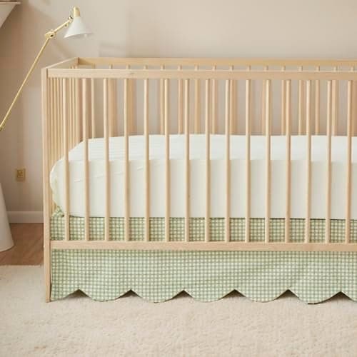 Brandream Scallop Edge Cotton Crib Skirt Baby Boy Girl Gender Neutral Crib Skirt Toddler Bedskirt Farmhouse Chic Nursery Crib Bed Skirt Boho Bohemian Green Gingham
