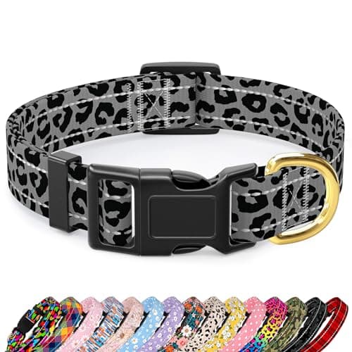 TMOODEL Reflective Dog Collar for Small Dogs Cats, Cute Leopard Style Adjustable Heavy-Duty Nylon Puppy Collar for Boy and Girl Female, Soft Pet Accessories with Quick Release Buckle, Gray