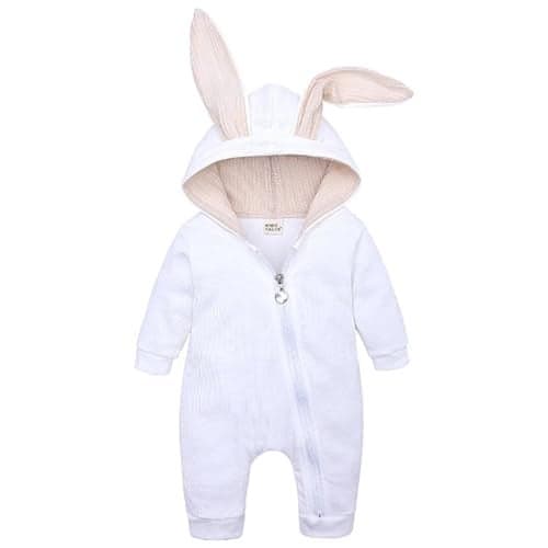 Baby Bunny Costume, Girl or Boy Easter Outfit, Unisex Toddler Rabbit Dress Up Romper, Color White 18-24 Months