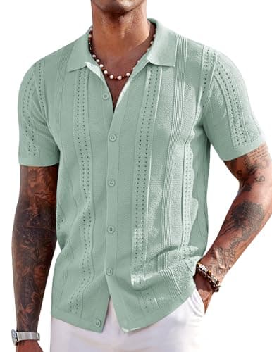 COOFANDY Men's Knit Shirts Short Sleeve Button Down Polo Shirt Casual Beach Tops Ice Green