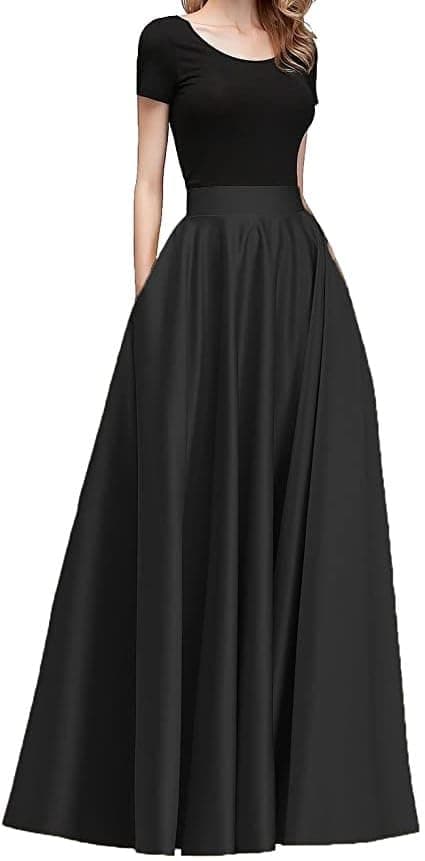 JANAK Maxi Skirt for Women, Soft Silk Fabric, Adjustable Waist Gown, Flared Pattern (Black), Free Size