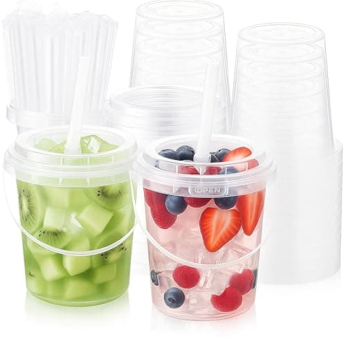 TREEHAC 50 Sets Clear Plastic Drink Buckets 24 oz PP Pails with Lids Straws and Handles Disposable Cups for Ice Cream Outdoor Holiday Travel Beach Birthday Pool Party Supplies