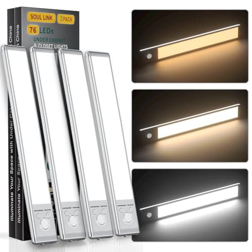 SOUL LINK Under Cabinet Lights 76 LED Operated Motion Sensor Light Indoor 1500mAh USB Rechargeable Closet Lights 4 Pack Magnetic Dimmable Wireless Under Counter Lights for Kitchen Stairs