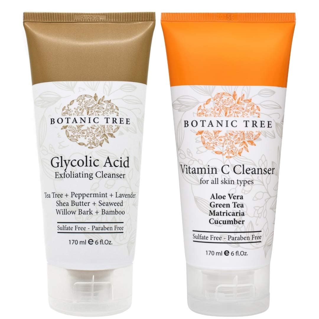 Botanic Tree Double Face Wash Kit Gentle Facial Cleanser Set of Glycolic Acid Exfoliator Facewash And Vitamin C Cleanser for Women Men Natural Exfoliating Scrub Set for Oily Dry Sensitive Skin
